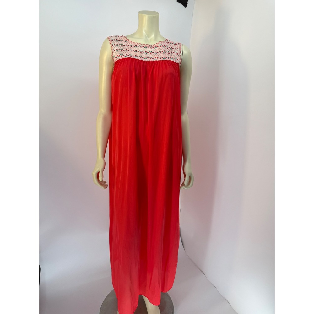 Vintage 70s‎ Cherry Maxi Slip Dress Red Lace Embroidered Nightgown Size Large
